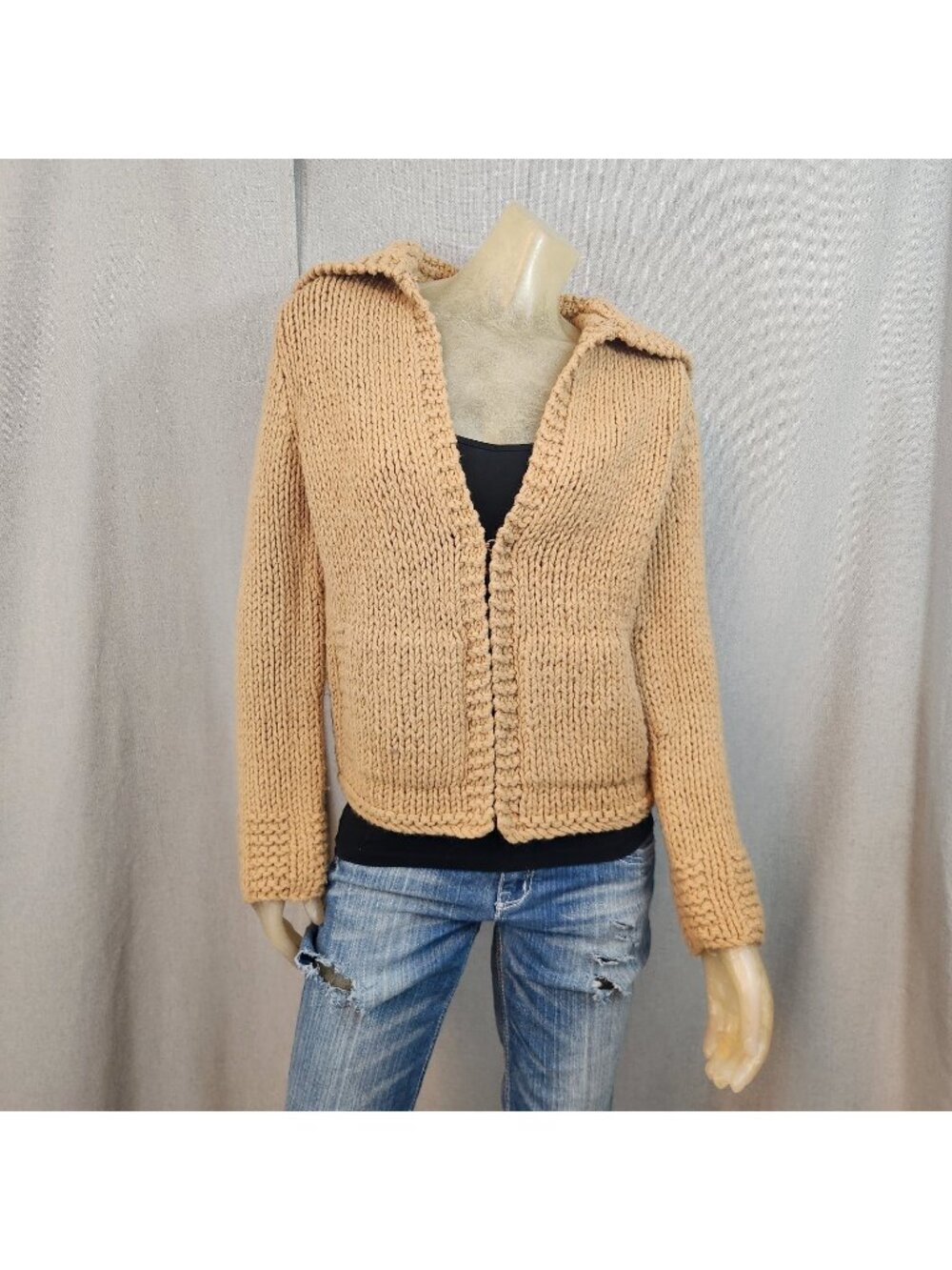 Express Handknit Brown Collared Long Slv Cardigan Sweater SMALL Wool Blend